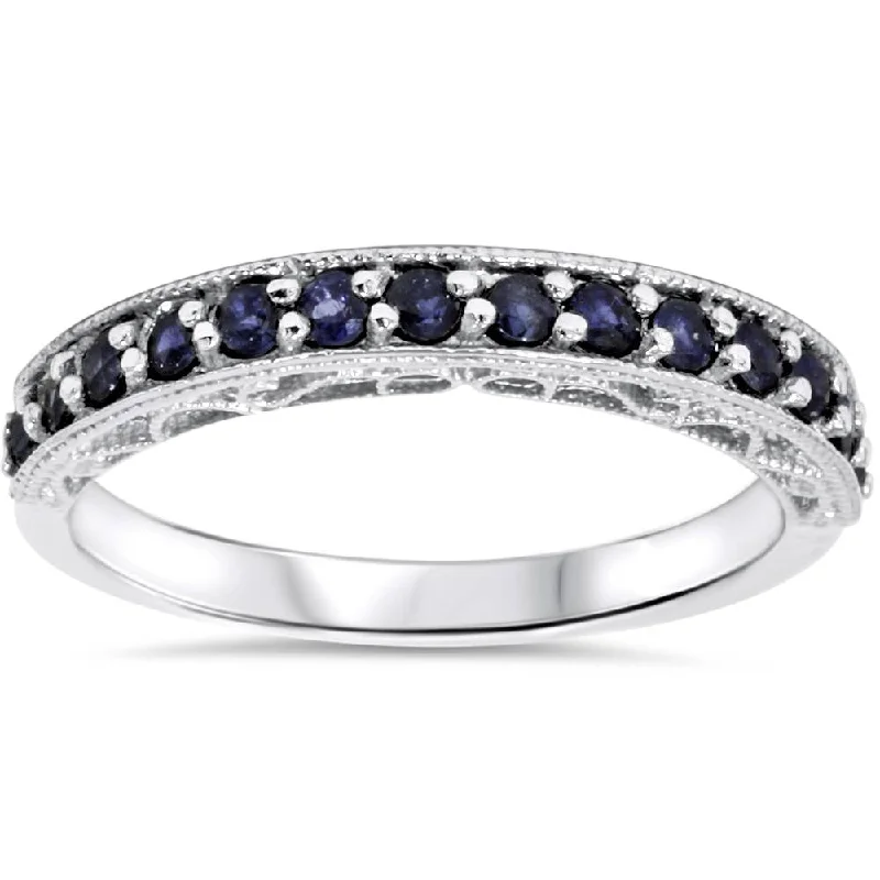 women gold solitaire engagement rings -3/8ct Blue Sapphire Vintage Wedding Ring 14K White Gold