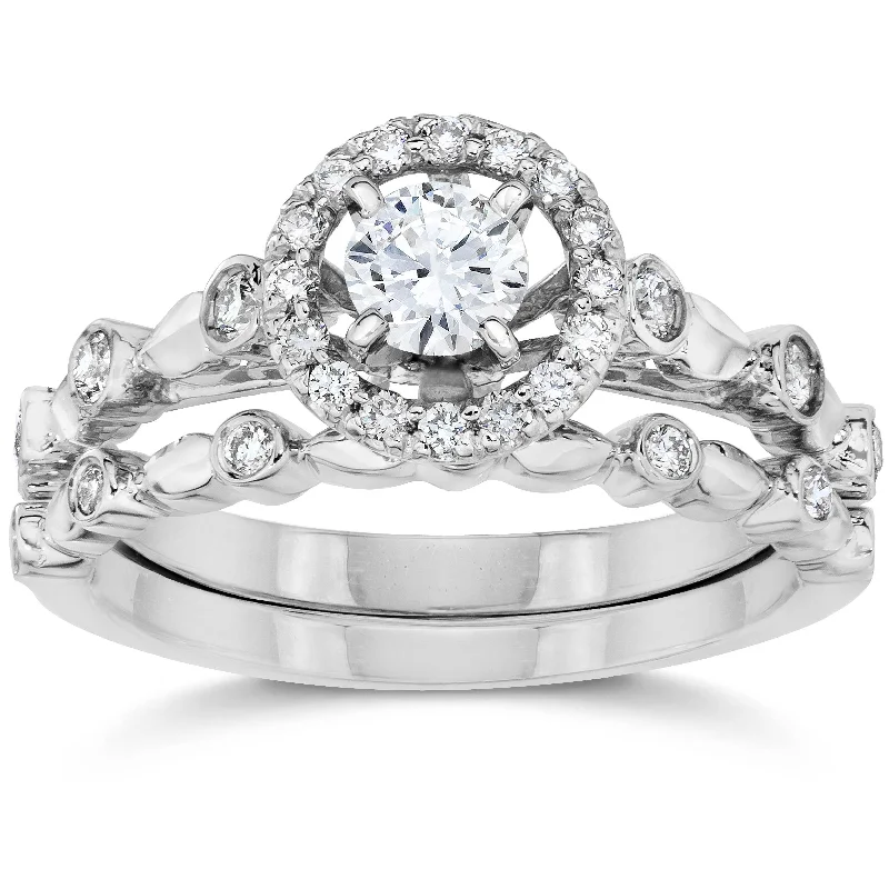 women gold engagement rings -1/2CT Halo Diamond Engagement Wedding Ring Set 14K White Gold