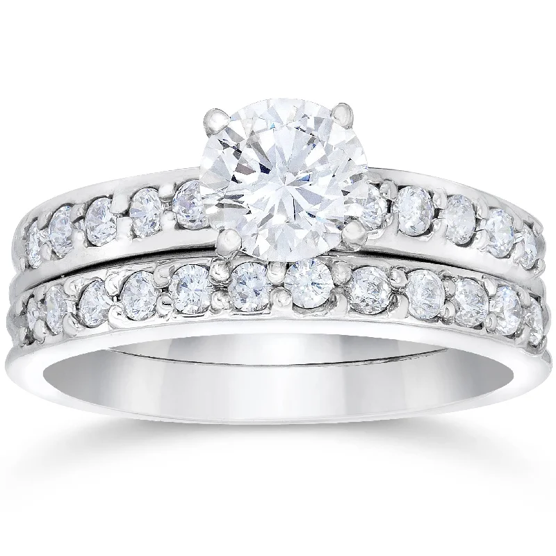 women classic engagement rings -1 Carat Diamond Engagement Ring Matching Wedding Band Prong Set 14K White Gold