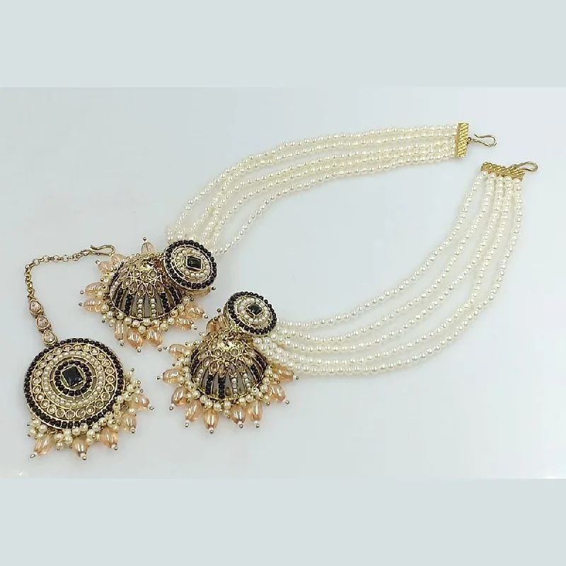 women hoop statement earrings -Rani Sati Jewels Gold Plated Pearl Kan Chain Jhumki Earrings With Mangtikka