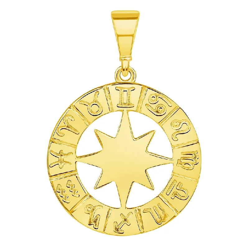 women trendy gold necklaces -14k Yellow Gold Round Zodiac Star Compass Calendar Pendant