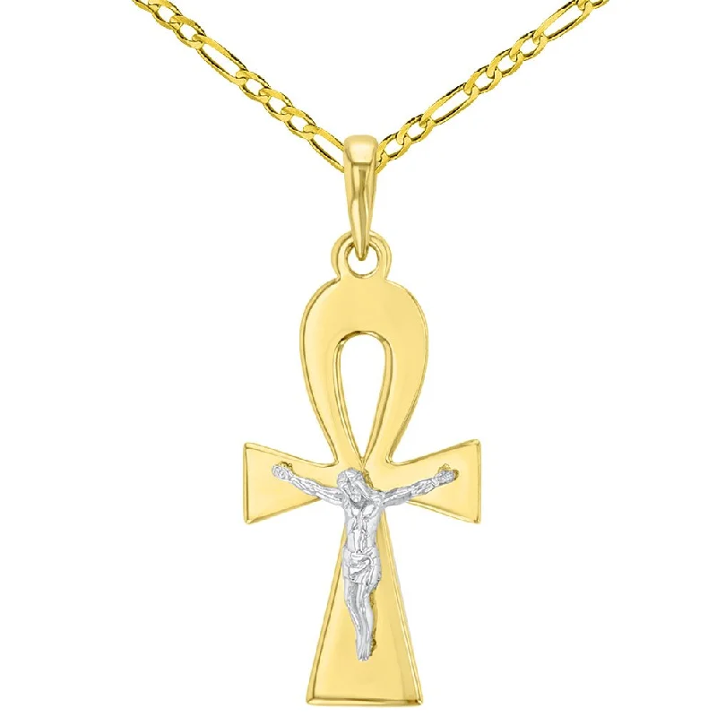 women gemstone drop pendant necklaces -Solid 14K Two-Tone Egyptian Ankh Cross with Jesus Christ Crucifix Pendant Figaro Chain Necklace