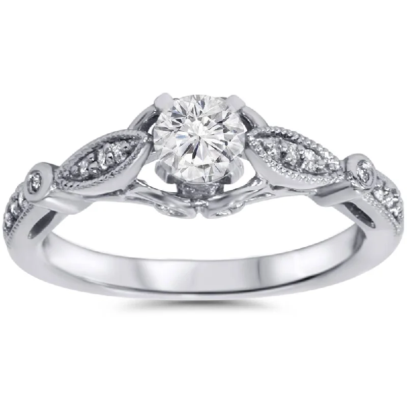 women gold solitaire engagement rings -5/8ct Vintage Round Diamond Engagement Ring 14K White Gold