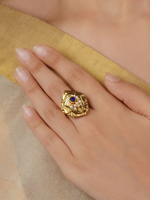 women engraved rings -Blue Color Gold Plated Mishr Ring - MR-RNG60