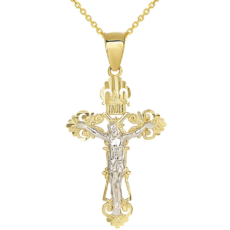 women luxury diamond necklaces -Solid 14K Two-Tone Gold Roman Catholic Cross Charm with Jesus INRI Crucifix Pendant Necklace