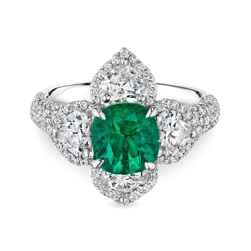 women silver rings -Cushion Cut Green Colombian Emerald Ring, 1.5 CT