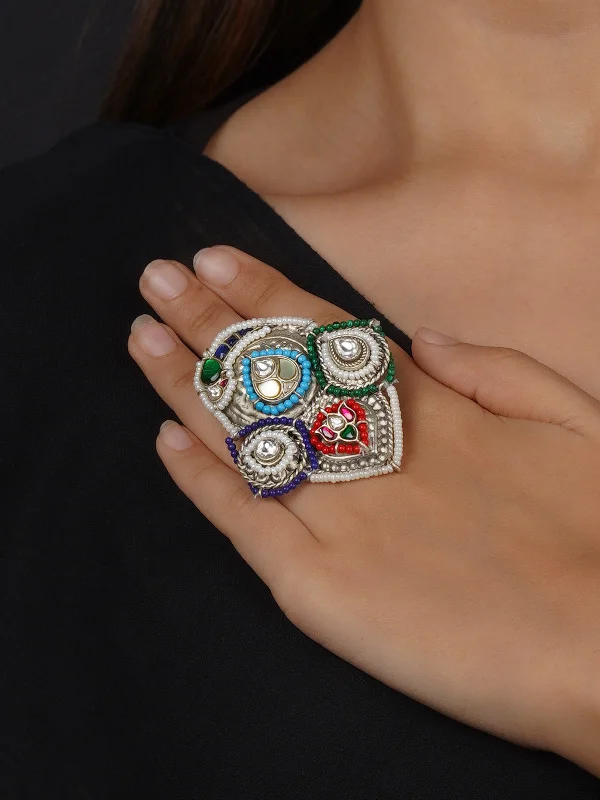 women colorful gemstone rings -Multicolor Silver Plated Tribal Ring - EK-SFRNG156MC