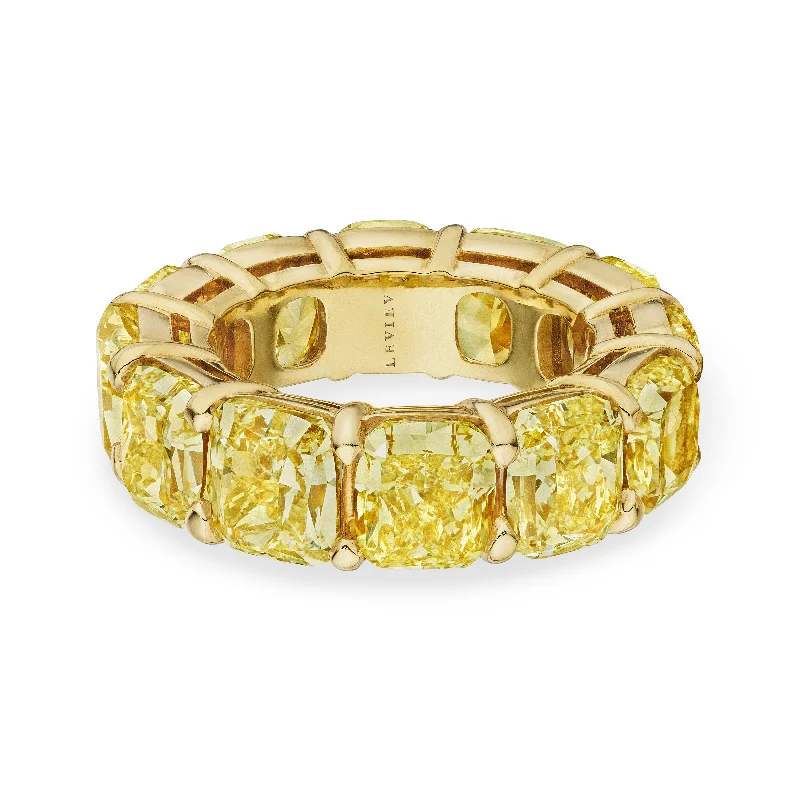 women modern rings -Fancy Yellow Cushion Cut Diamond Eternity Band, 18 CT