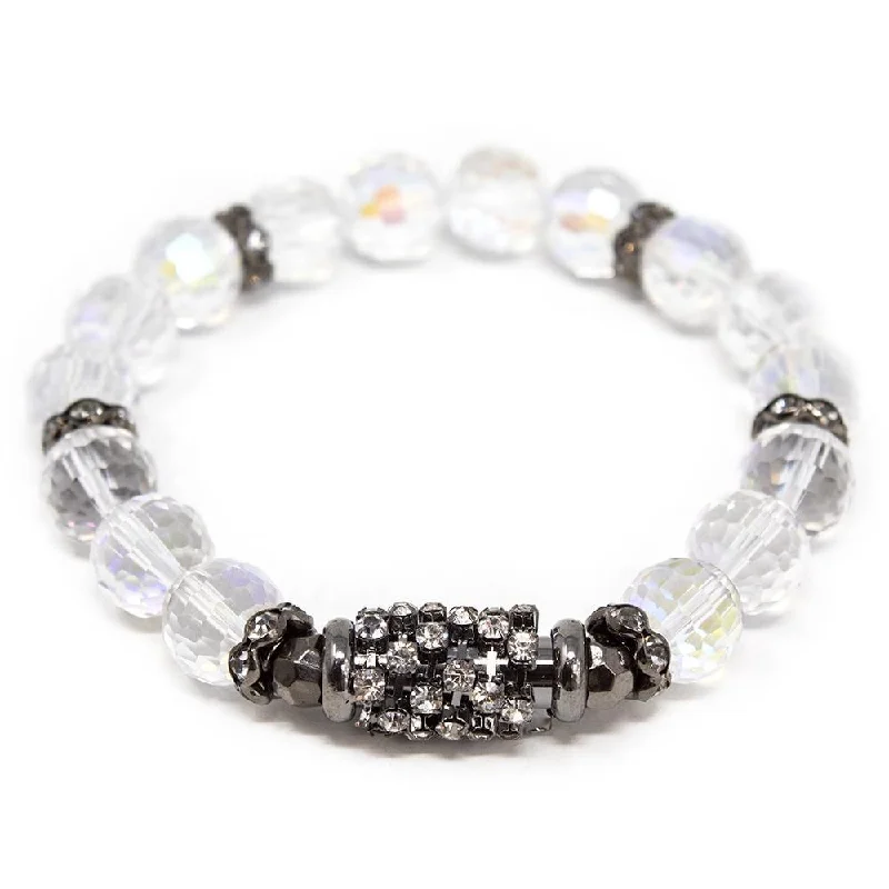 women cuff bracelet sets -Clear Glass Bead Stretch Bracelet with Black Pave Bar