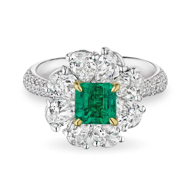 women custom rings for women -Square Green Emerald Cut Flower Ring, 2 CT