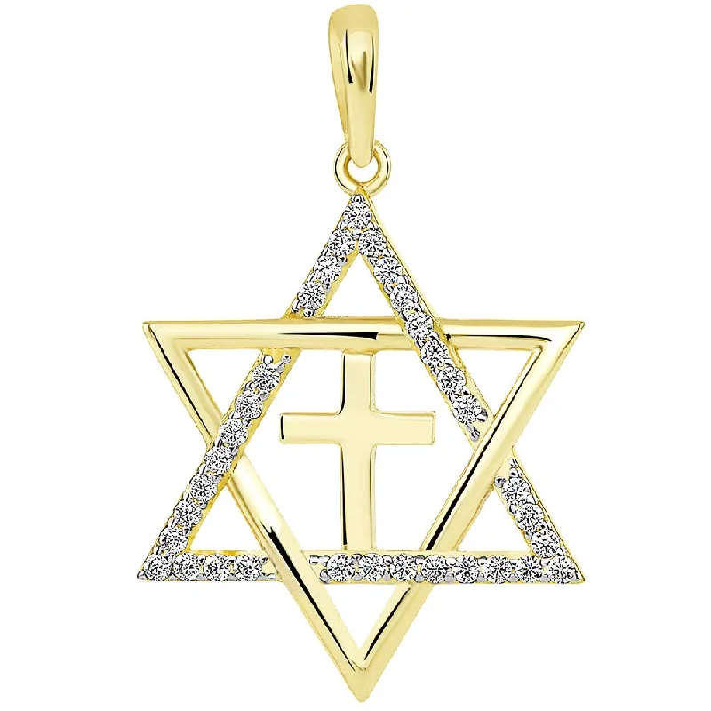 women gemstone pendant necklaces -14k Yellow Gold CZ Star of David with Religious Cross Judeo Christian Pendant (Medium)