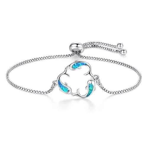 women braided bracelets -Blue/white Opal Box Chain Bracelet Adjustable Dolphin Charm Bracelets for Women