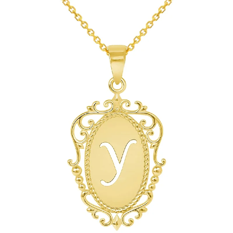 women infinity necklaces -14k Yellow Gold Elegant Filigree Oval Uppercase Initial Y Script Letter Plate Pendant with Cable, Curb, or Figaro Chain Necklaces