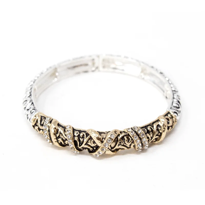 women adjustable bangles -Two Tone Filigree Stretch Bracelet Gold Toned Crystal Station