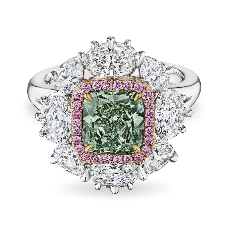 women ring sets -Cushion Cut Fancy Green Diamond Ring, 2 CT