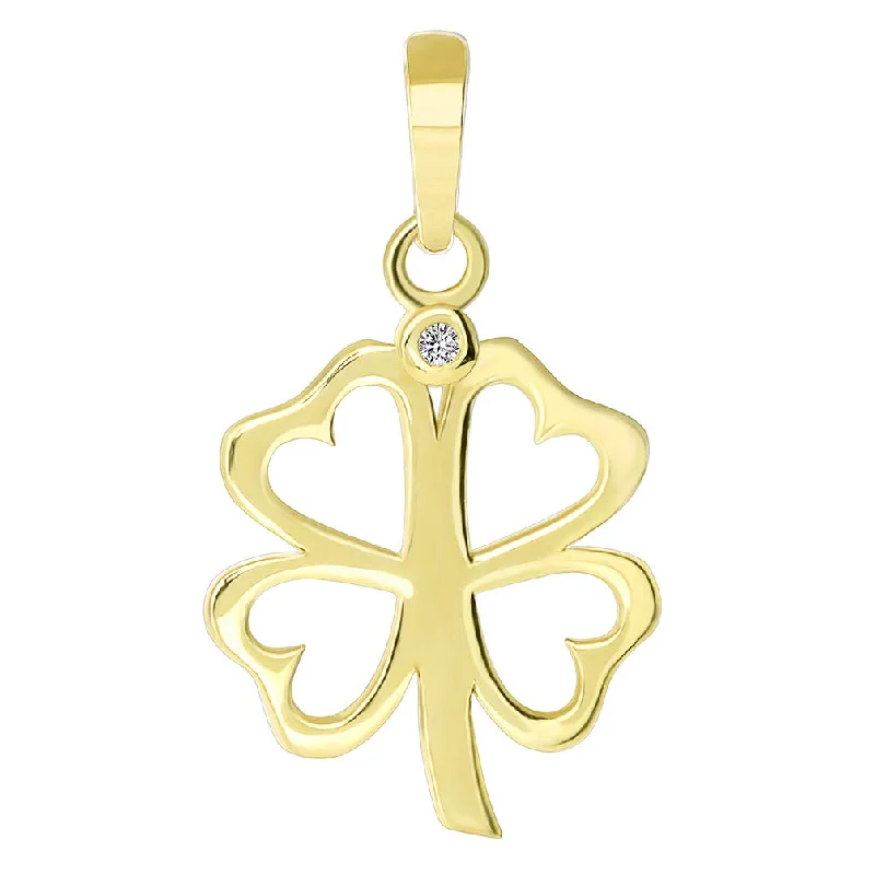 women pearl pendant necklaces -Solid 14k Yellow Gold CZ Four Leaf Clover with Open Heart Design Charm Pendant