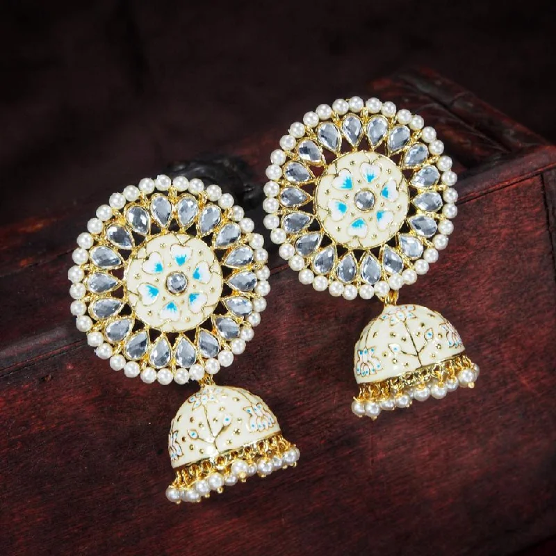 women oversized earrings -Etnico Gold Plated Traditional Meenakari Kundan & Pearl Jhumka Earring for Women (E2917CBL)