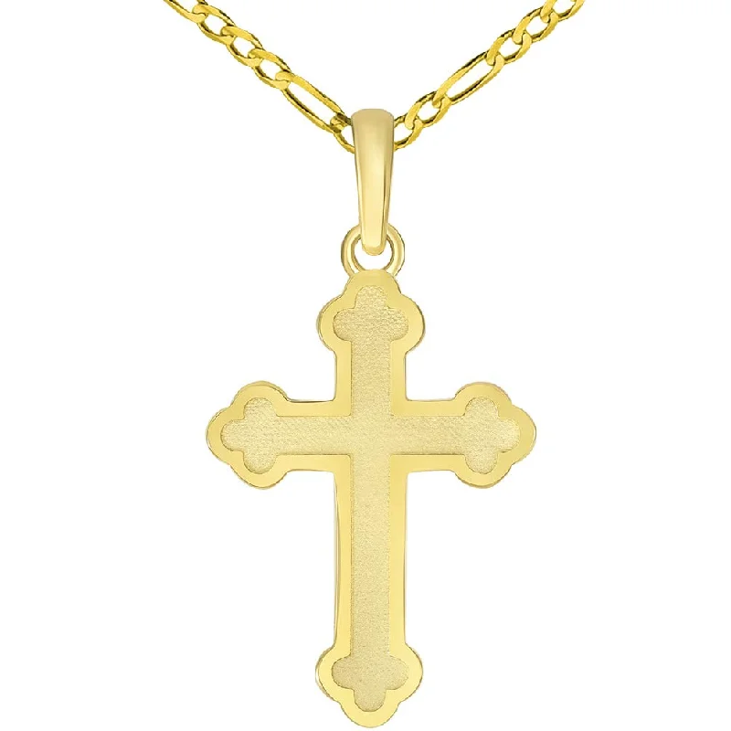 women engraved necklaces -14k Solid Yellow Gold Eastern Orthodox Cross Pendant with Figaro Chain Necklace