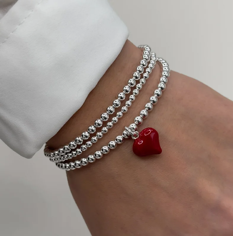 women jewelry bangles -925 Sterling Silver Red Puff Heart Charm Bracelet, Red Heart Charm Bracelet, Heart Charm Bracelet, Stacked Bracelets