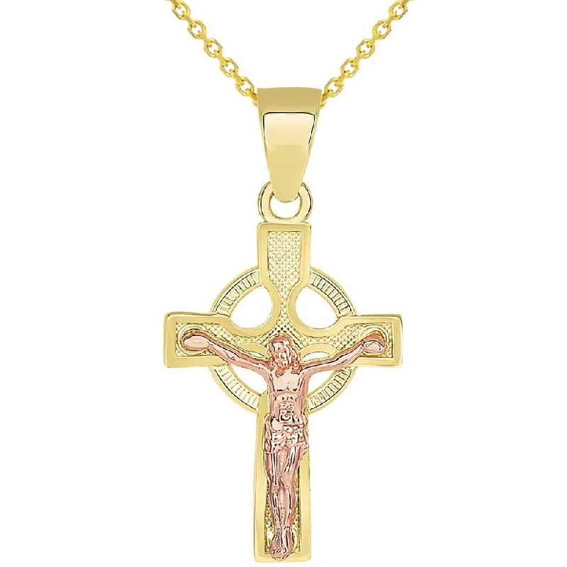 women butterfly pendant necklaces -14k Yellow Gold and Rose Gold Celtic Cross Crucifix Pendant Necklace