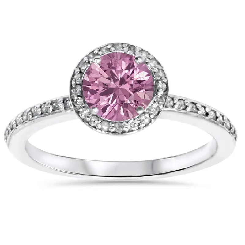 women modern solitaire engagement rings -3/4ct Simulated Pink Sapphire & Genuine Diamond Halo Ring 14K White Gold