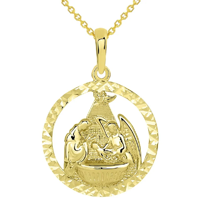 women link necklaces -14k Yellow Gold Textured Open Round Holy Spirit Baptism Christening Pendant Necklace with Cable, Curb or Figaro Chain Necklaces