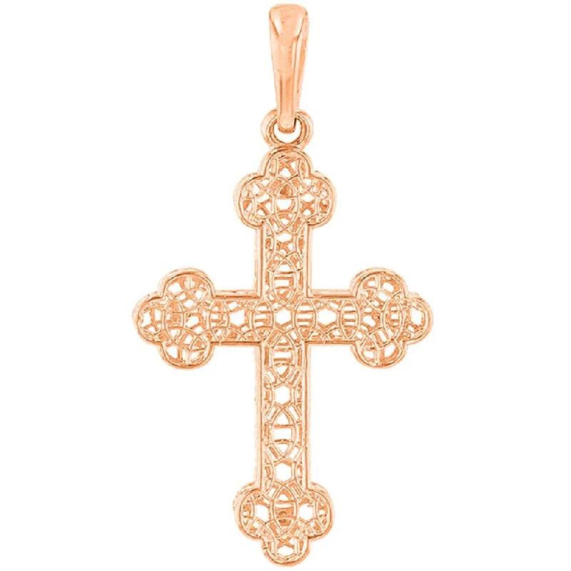 women flower necklaces -14k Rose Gold Textured Filigree Eastern Orthodox Cross Pendant