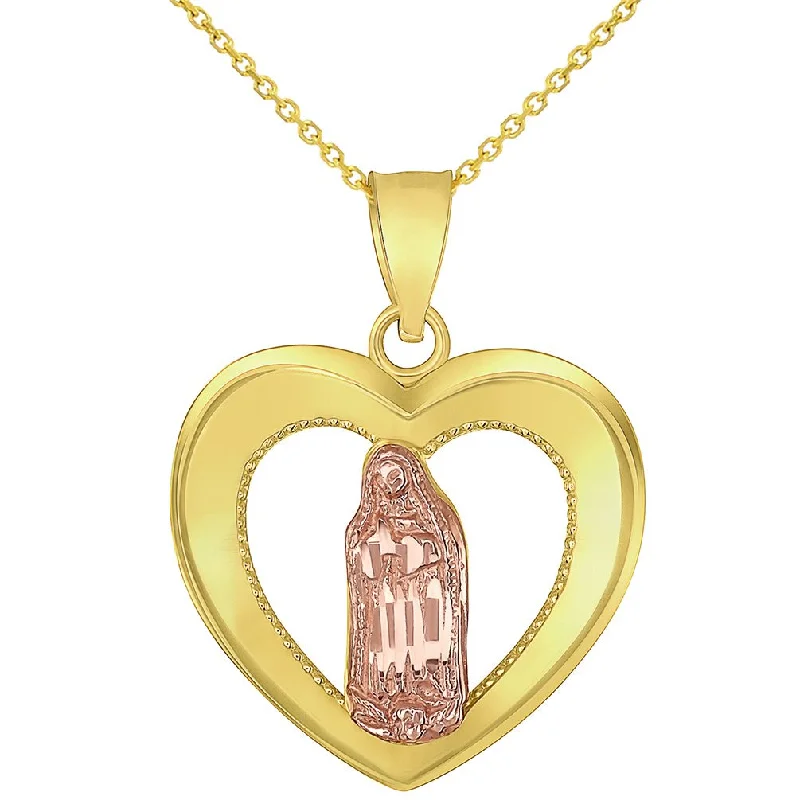 women monogram necklaces -14K Yellow Gold and Rose Gold Heart Shaped Saint Virgin Mary Guadalupe Charm Pendant Necklace