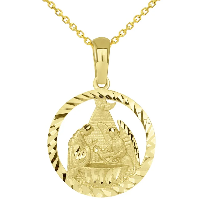 women matching necklaces -14k Yellow Gold Textured Open Round Holy Spirit Baptism Christening Pendant with Rolo, Curb, or Figaro Chain Necklaces