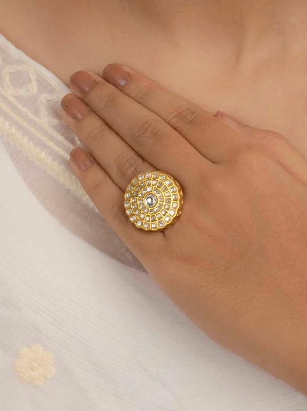 women round diamond rings -White Color Gold Plated Thappa Jadau Kundan Ring - TJ-R48