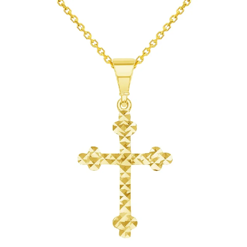 women vintage-style necklaces -Solid 14k Yellow Gold Textured Dainty Religious Orthodox Cross Charm Pendant Necklace