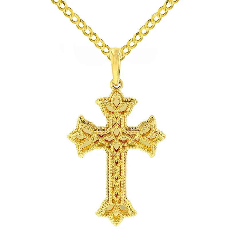 women chunky necklaces -14K Yellow Gold Milgrain Edged Elegant Trefoil Cross Pendant with Cuban Chain Necklace