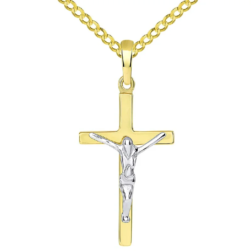 women choker necklaces -Solid 14K Two-Tone Gold Simple Cross Jesus Crucifix Charm Pendant with Cuban Chain Necklace