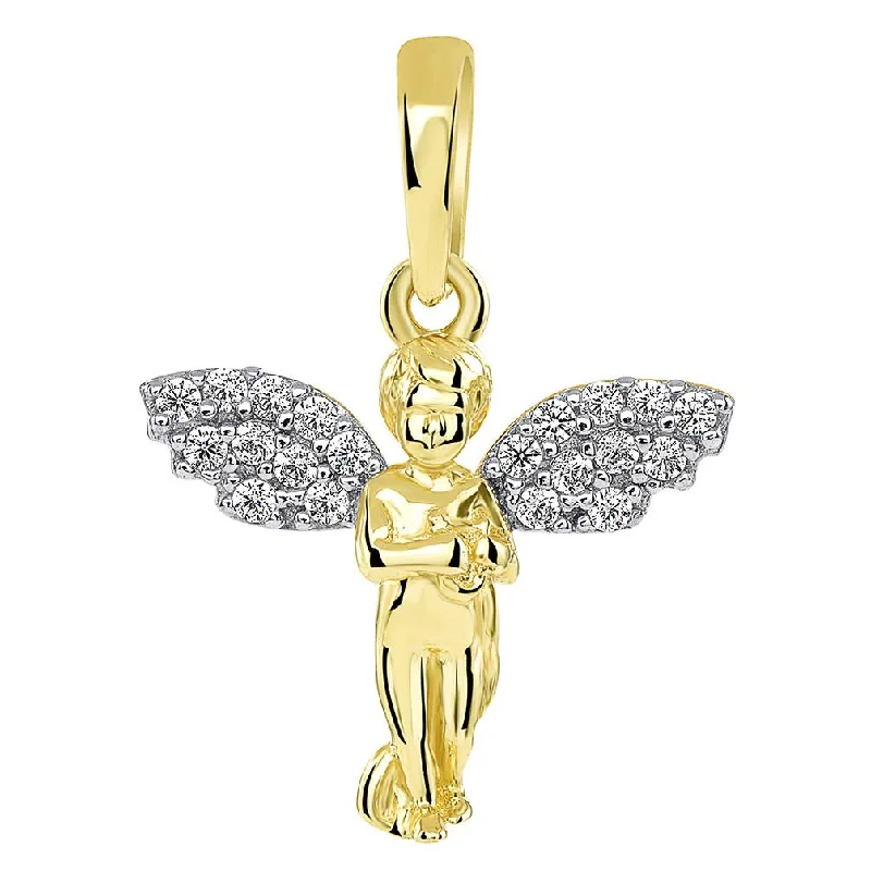 women silver chain necklaces -14k Yellow Gold Guardian Angel Playing Harp with Micro Pave CZ Wings Pendant (Small)