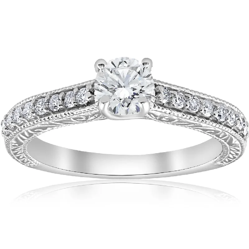 women princess cut engagement rings -3/4 ct Vintage Diamond Engagement Hand Etched Ring 14K White Gold