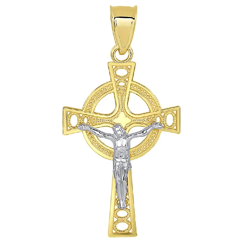 women minimalist pendant necklaces -Solid 14k Two Tone Gold Celtic Cross Jesus Crucifix Pendant