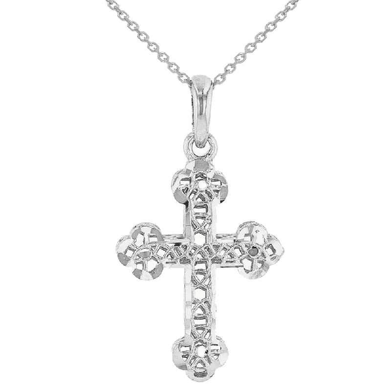 women engagement necklaces -14K White Gold Filigree Eastern Orthodox Cross Charm Pendant Necklace