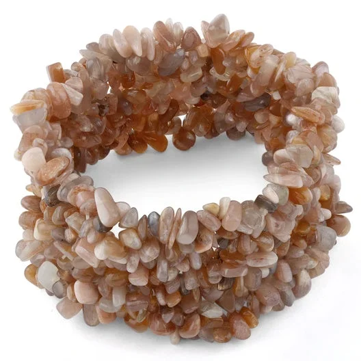 women double band bracelets -Wide Chips Peach Moonstone Elastic Bracelet