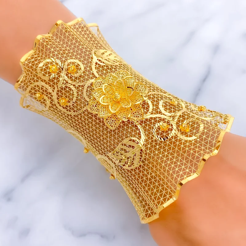 women floral bracelets -Decadent Netted Floral Vine 21K Gold Bangle Bracelet