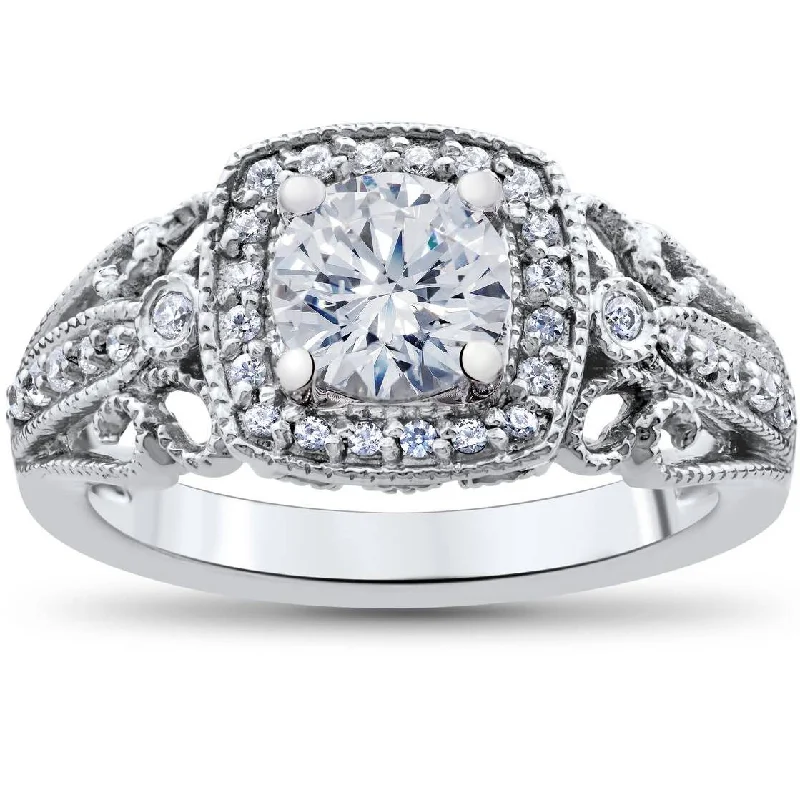 women cushion cut engagement rings -1 1/3ct Vintage Enhanced Diamond Engagement Cushion Halo Ring 14K White Gold