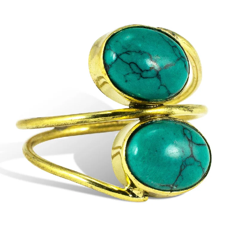 women princess cut rings -<span>RBR-011<span>: </span></span>Wrapped Double Turquoise Ring - Brass