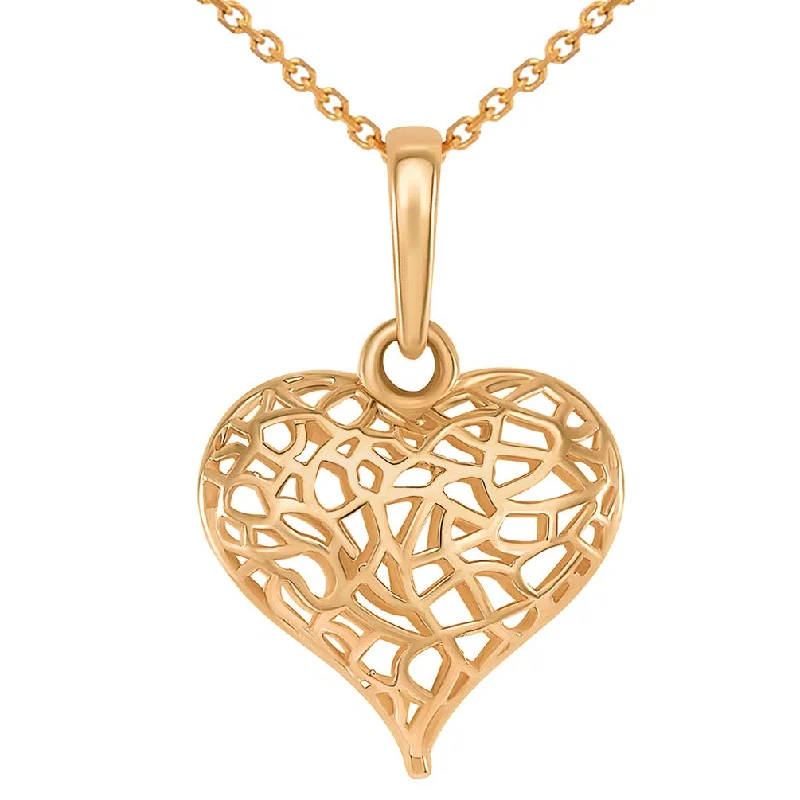 women custom necklaces -14k Rose Gold 3-D Open Puffed Heart Charm Pendant Necklace