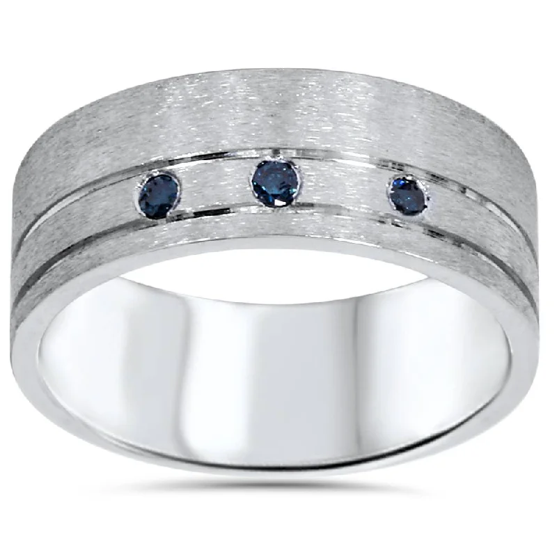 women double band engagement rings -1/10ct Mens Blue Diamond Comfort Fit Brushed Wedding Band 10K White Gold