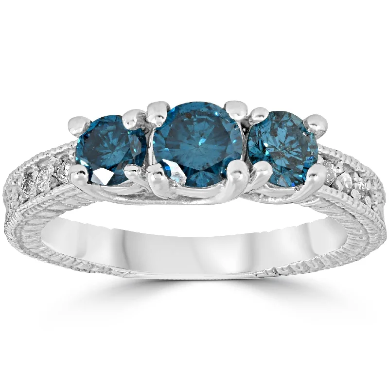 women ruby engagement rings -1 Carat Treated Blue Diamond Vintage 3 Stone Ring 10K White Gold