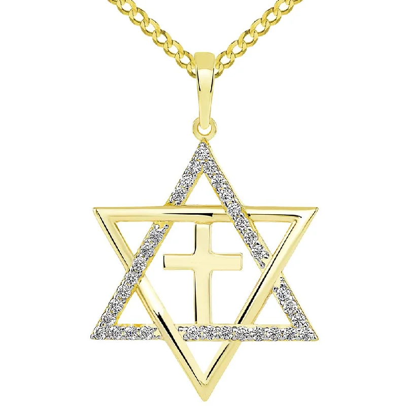 women engraved necklaces -14k Yellow Gold Medium CZ Star of David with Religious Cross Judeo Christian Pendant Cuban Necklace