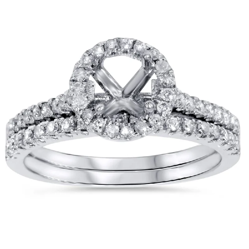 women unique engagement rings -1/2ct Halo Diamond Engagement Wedding Ring Set 14K White Gold