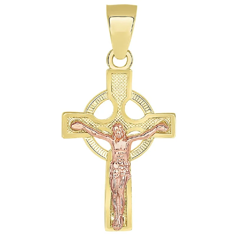 women rose gold pendant necklaces -14k Yellow Gold and Rose Gold Small Celtic Cross Crucifix Pendant