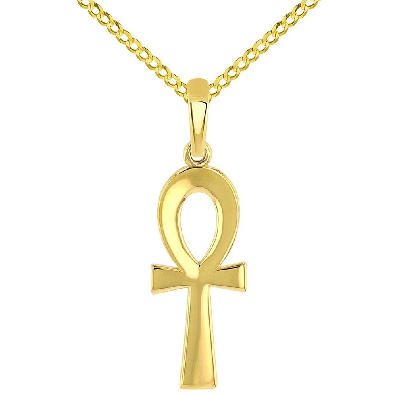 women delicate necklaces -Solid 14k Yellow Gold Plain and Simple Egyptian Ankh Cross Pendant with Cuban Chain Necklace