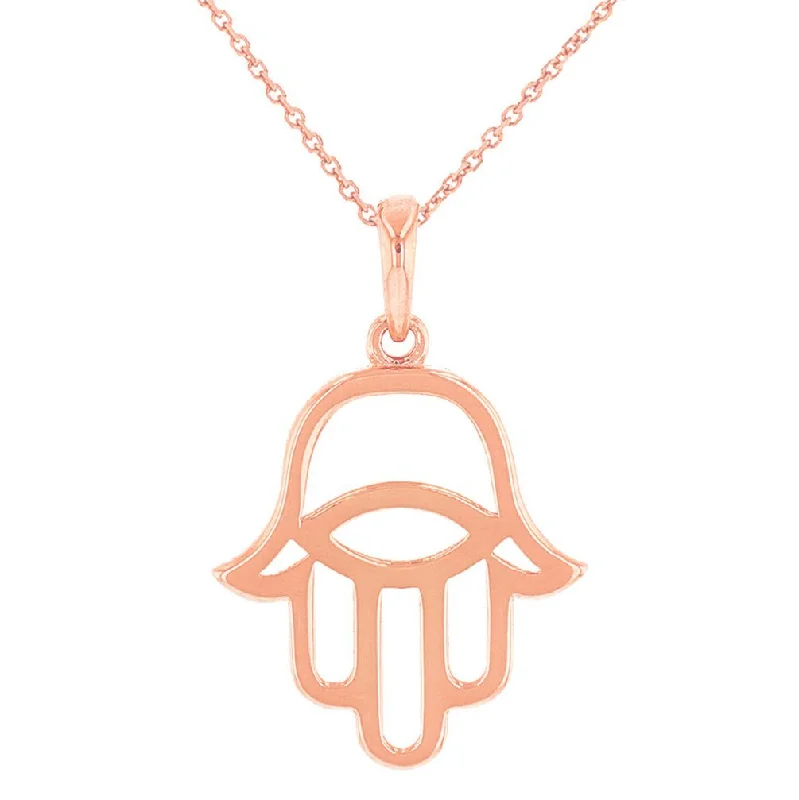 women star-shaped necklaces -Solid 14k Rose Gold Hamsa Hand of Fatima with Evil Eye Charm Pendant Necklace