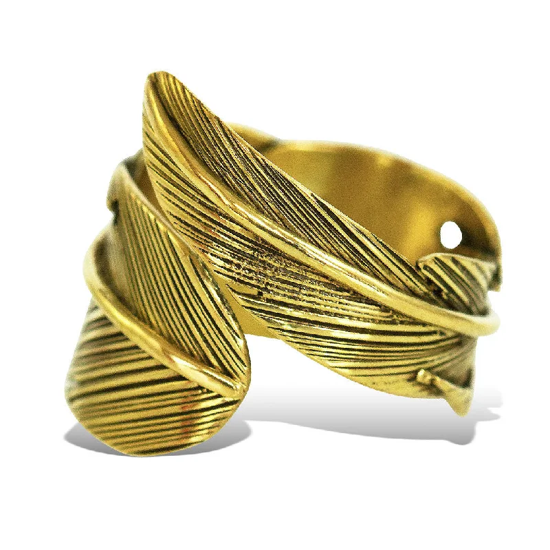 women art deco rings -<span>RBR-001<span>: </span></span>Wrapped Feather Ring - Brass